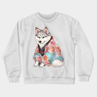 Watercolor Siberian Husky Dog in Kimono Crewneck Sweatshirt